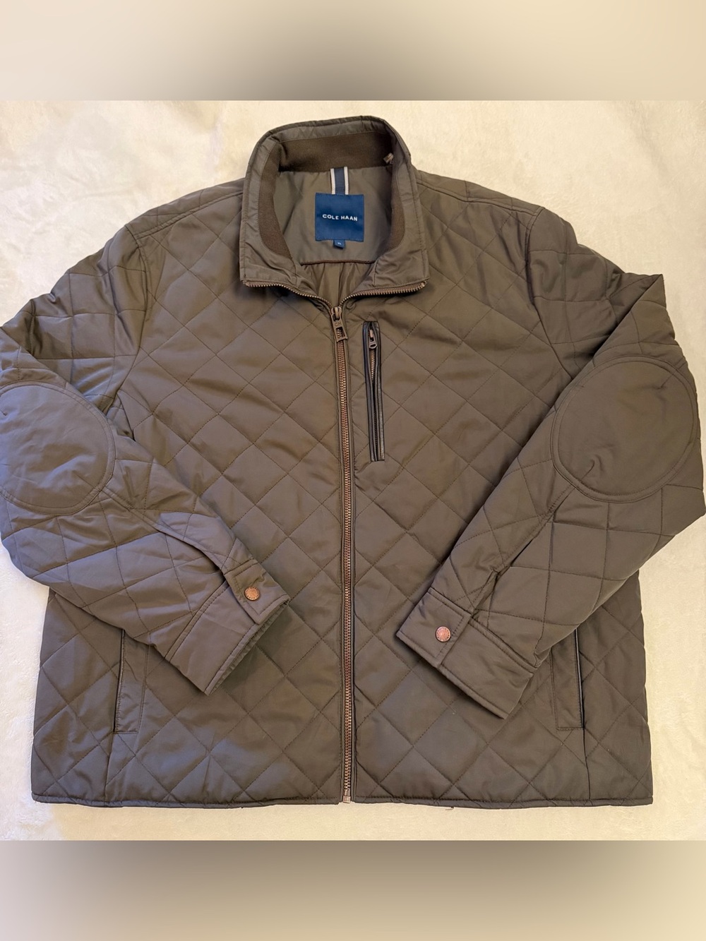 Cole Haan Mens XL Quilted Jacket Olive Brown Diamond Stitch Elbow Patches Zip